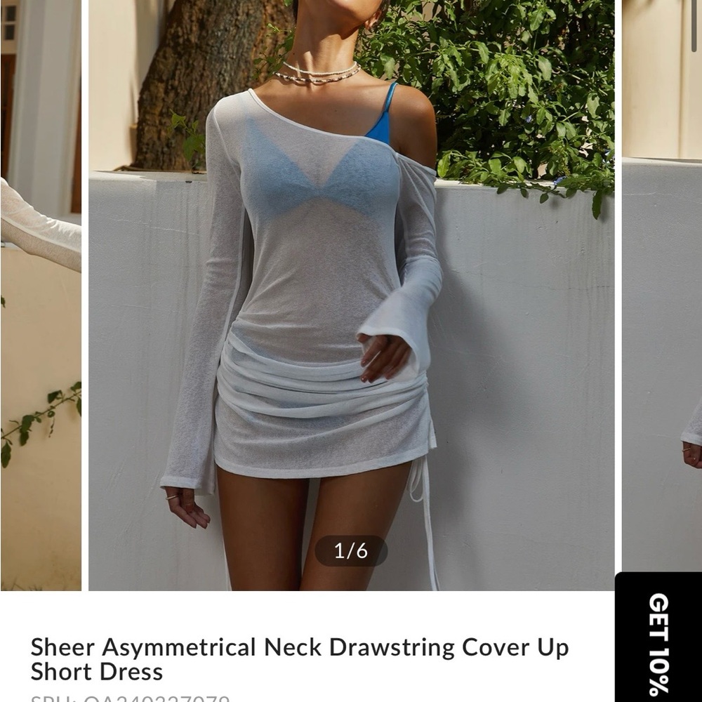 Commense White Sheer Asymmetrical Neck Drawstring Swim Coverup